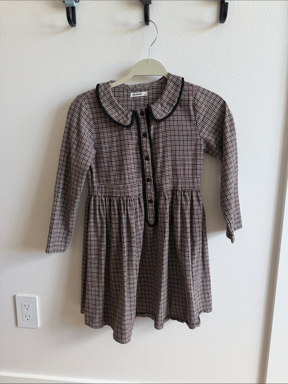 Girls' Checked Peter Pan Collar Dress - Brown/Black
